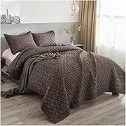 Quilt Sets Queen Size 3 Piece Microfiber Bedspread Reversible Coverlet Lightweight Bedcover Plaid Pattern Bedding Set All Season (1 Quilt,2 Pillow Shams) (Color : Brown, Size : 230x250cm+50x70cmx2)