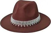 [Punctualgood] Womens Men Classic Wide Brim Party Fedora Hats Shiny Rhinestone Wedding Felt hat Lady Panama Jazz Hat