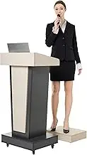 BERPET Wooden Podium Stand with Footrest, Rolling Lectern with Storage, Light Wood & Black Finish, 23.6” Desktop, Built-in Cable Holes, Sturdy Base, Mobile Pulpit for Schools, Meetings & Training