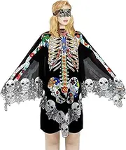 BOARDFEB Halloween Skeleton Poncho, Lace Skeleton Halloween Costume Poncho Day of The Dead Poncho for Women
