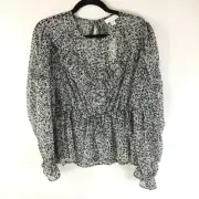 Topshop Womens Peasant Blouse Sheer Ruffle Long Sleeve Floral Black White Size 8