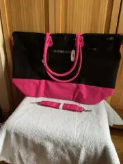 Victoria Secret Tote/Duffle Bag LtdEd. Black Sequin Striped W/Bright Pink Accent