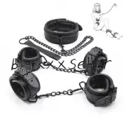 Black PU Bandage Kit Restraints Collar Ankle Wrist Cuff Hand Cuff Couples