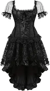 [FAWENLI] Fashion Corset Dress For Women Sexy Black Off Shoulder Lace Sleeves Corset Blouse With Gothic Floral Skirt Set
