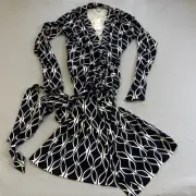 Banana Republic Wrap Around Dress Womens Medium Geometric Tie Waist Black White