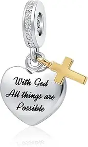 [QeenseKc] Cross Charm with God All Things are Possible Religious Dangle Bead Fits Pandora Bracelets