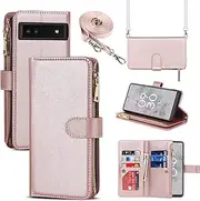 Cavor for Google Pixel 6a Case 6.1 inch PU Leather Folio Flip Wallet Back Cover Magnetic Case with Long Shoulder Lanyard Zipper Coin Purse 9 Card Holder Kickstand Wristlet Strap-Rose