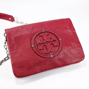 美國【TORY BURCH】紅色真皮大LOGO銀鍊輕巧斜背包