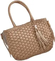 [LIUQIONGHUA] Straw Bag Straw Hand-held Crossbody Vacation Beach Bag Paper Rope Three-strand Braided Bag Straw Bags For Women, Brown, Small