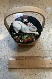 Cute Tiny Basket With Hand Painted Bunny Lid, 4x4”, With Handle, Strawberries
