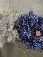 (3) Silver Tinsel 15ft Garland (3) Blue & Silver Tinsel Garland 15ft.
