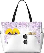 [Ghjkfbf] Framing Lilac Flowers In Blossom Print Large Capacity Beach Travel Bag For Family, Beach Tote Bag For Women With Zipper Pockets, Black, One Size