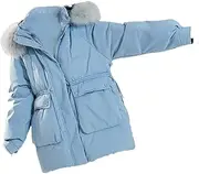 [nichangyuyi] White duck down big fur collar medium long down jacket solid color down coat, Blue(fox Hair), Small