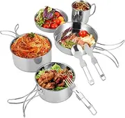 8-Piece Camping Cookware Set for 1-2 People, Portable Camping Pots, Foldable and Stackable, Stainless Steel Outdoor Cooking Set with Cutlery for Camping, Hiking, Picnic, Travel