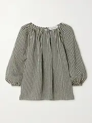[Matteau] Matteau - + Net Sustain Gathered Striped Poplin Blouse - Black - 3 3 Black