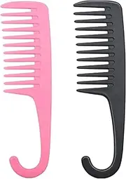 TAVVKE 2 Pieces Detangler Comb with Hook Wide Tooth Dry Wet Comb Large Teeth Shower Combs Conditioning Shower Comb for Curly Long Straight Hair Daily Use, Pink+Black