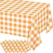 WNINK 6 Pack Orange and White Checkered Rectangular Plastic Tablecloths, Orange Gingham Waterproof Disposable Table Covers 54" x 108" for Birthday, Wedding, Outdoor Picnic Camping Parties