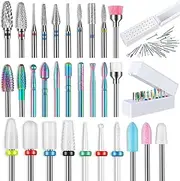 30Pcs Nail Drill Bits Set with 30 Holes Holder, 3/32 Inch 12Pcs Tungsten Carbide Bits& 7Pcs Diamond Carbide Drill Bits for Nails&7Pcs Ceramic Nail Bits&2Pcs Quartz Pointed Nail Bits for Nail Drill