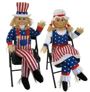 60" Large Sitting Scarecrow Couple Pair Uncle Sam Patriotic Fall Decorations