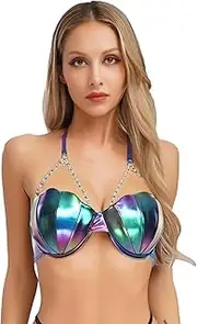 [winying] Women Shiny Shell Bikini Bra Top Halter Neck Pearl Chains Adjustable Straps Open Back Corset