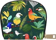 [JEJEA] Tropical Birds and Plant Leaf Print Credit Card Holder Wallet, Small Card Holder Wallet with Zipper,Leather Card Holder, White, One Size