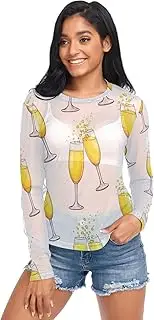 [RPLIFE] Champagne Yellow Wine Womens Mesh Sleeve Top, Mesh Rave Top S-XXL