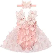 [IMEKIS] Newborn Baby Girl 1st Birthday Outfit Butterfly Lace Tulle Romper Dress with Headband Cake Smash Photo Shoot