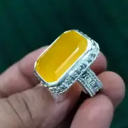 Big Agate Ring Yellow Aqeeq Stone Baguette Shape Yemeni Handmade Ring Sterling