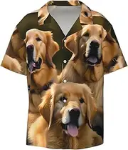 [VPPUR] Golden Retrievers Print Fashion Short Sleeve Button Down Cuban Collar Shirt Left Chest Convenient Pocket