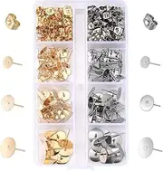 VOANZO Stainless Steel Stud Earrings and Clasps, 240 Pieces, Three Sizes, Flat Pad Stud Earrings with Butterfly Earring Backs for Jewellery Making