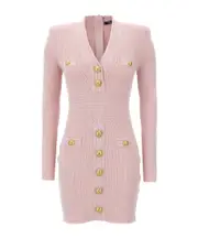 Balmain Logo Button Long-Sleeved Mini Dress FR38,FR40,FR42 LIGHT PINK