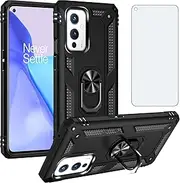 Phone Case for OnePlus 9 OnePlus9 5G with Tempered Glass Screen Protector Cover Magnetic Stand Ring Holder Accessories Heavy Duty Shockproof One Plus9 On 1 Plus 1plus One+ 1+ 1+9 Nine Girls Black