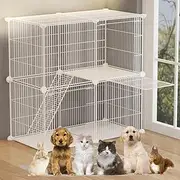 Ricjurzzty Cat Cage,Portable Metal Wire Mesh Grid Density Detachable Outdoor & Indoor Enclosure with Ladders,Cat Exercise Crate for Kitty,Puppy,Rabbits and Small Animals (White, 2 Tier & 2 Doors)