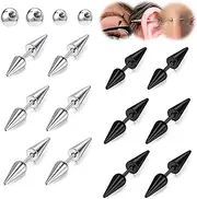[BodyAce] 12PCS Spike Earrings Cartilage Helix Piercings, Black Spike Eyebrow Rings Straight Nipple Barbell Rings, Stainless Steel Punk Studs Lip Piercing Jewelry