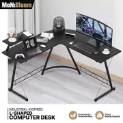 Black[L-SHAPE COMPUTER GAME DESK+SCREEN RISER]Laptop Workstation PC Corner Table