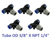 Branch Tee Air Swivel Connector Tube OD 3/8" X NPT 1/4" Push In Fitting 5 Pieces