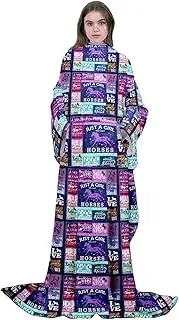 Horse Fleece Blanket with Sleeves 50"x70" Galloping Horse Wearable Blanket Western Animal Decor Fleece Wearable Blanket with Sleeves Pocket Cow Boy Plaid Grid Purple Fuzzy Plush Blanket