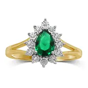 Emerald Pear with Brilliant Miracle Surround Cluster Ring in 9kt Yellow Gold