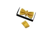 Mens Yellow Checkered Matching Bow Tie, Pocket Square & Cuff Links Set