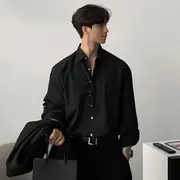 Long-Sleeve Plain Button-Up Shirt Black - 2XL