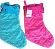Two (2) Holiday ~ Christmas ~ Sequined Stockings ~ Quilted ~ PINK/BLUE