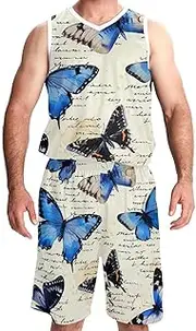 [KQNZT] Basketball Jersey and Shorts, Outfit Tank Top Track Shorts, Mens Basketball Jerseys, Retro Blue Butterfly