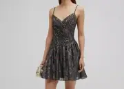 $295 Aidan by Aidan Mattox Women's Black Metallic Asymmetrical Mini Dress Size 8
