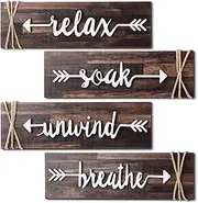 [Jetec] 4 Pieces Farmhouse Bathroom Decor Wall Art Soak Relax Unwind Breathe Wooden Signs with Arrow Rustic Vintage Country Bathroom Decor for Home Laundry Room(Brown)