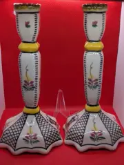 Pr Henriot Quimper France Pottery Candlesticks 8 3/4"