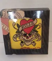 Don Ed Hardy Love Kills Embroidered 4" Leather Coasters Set of 4 w/ Holder- New