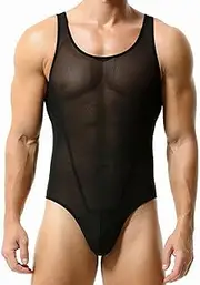 [BreakEgg] Men's Sexy Cutout Mesh Bodysuit Transparent Tank Tops Crewneck Mens Body Suit One Pieces Coveral (X-Large,Black), Black, X-Large