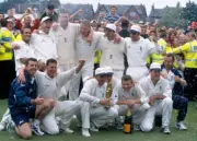 England captain Alec Stewart holds the trophy and celebrates - Old Cricket Photo