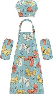 AIXIWAWA Kids Apron Chef Hat Set, Child Kitchen Bib Aprons Adjustable for Cooking Baking Painting (Game Controller)