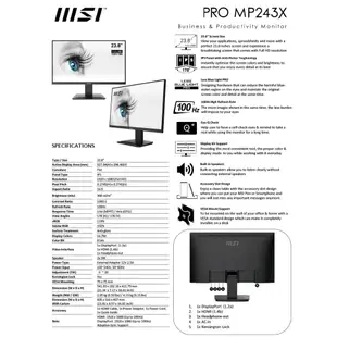 MSI PRO MP243X 美型螢幕(24型/FHD/HDMI/DP/喇叭/IPS)